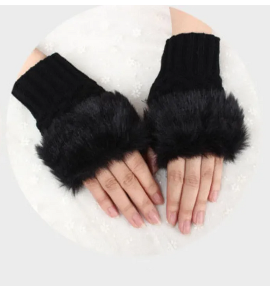 Women Faux Rebbit Fur Hand Wrist Warmer Winter Fingerless Knitted Gloves